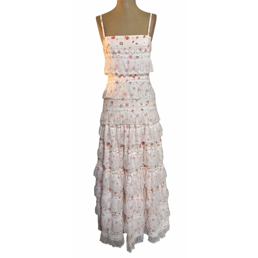 Anne Louise Boutique Maxi Dress Lovette Pink & Cream Floral Lace Tiered - Picture 8 of 12